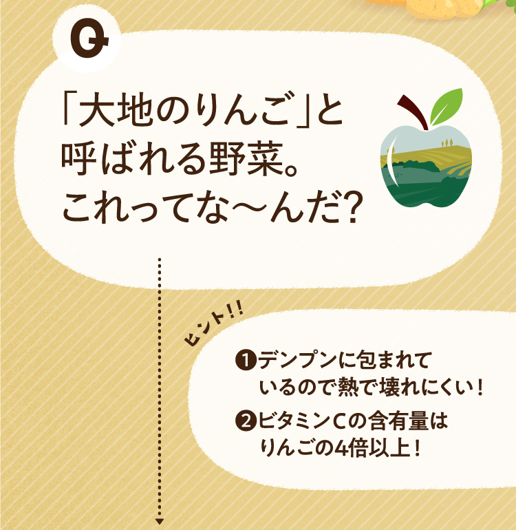 「大地のりんご」と呼ばれる野菜。これってな～んだ？ ヒントその１ デンプンに包まれているので熱で壊れにくい! ヒントその2 ビタミンCの含有量はりんごの４倍以上!
