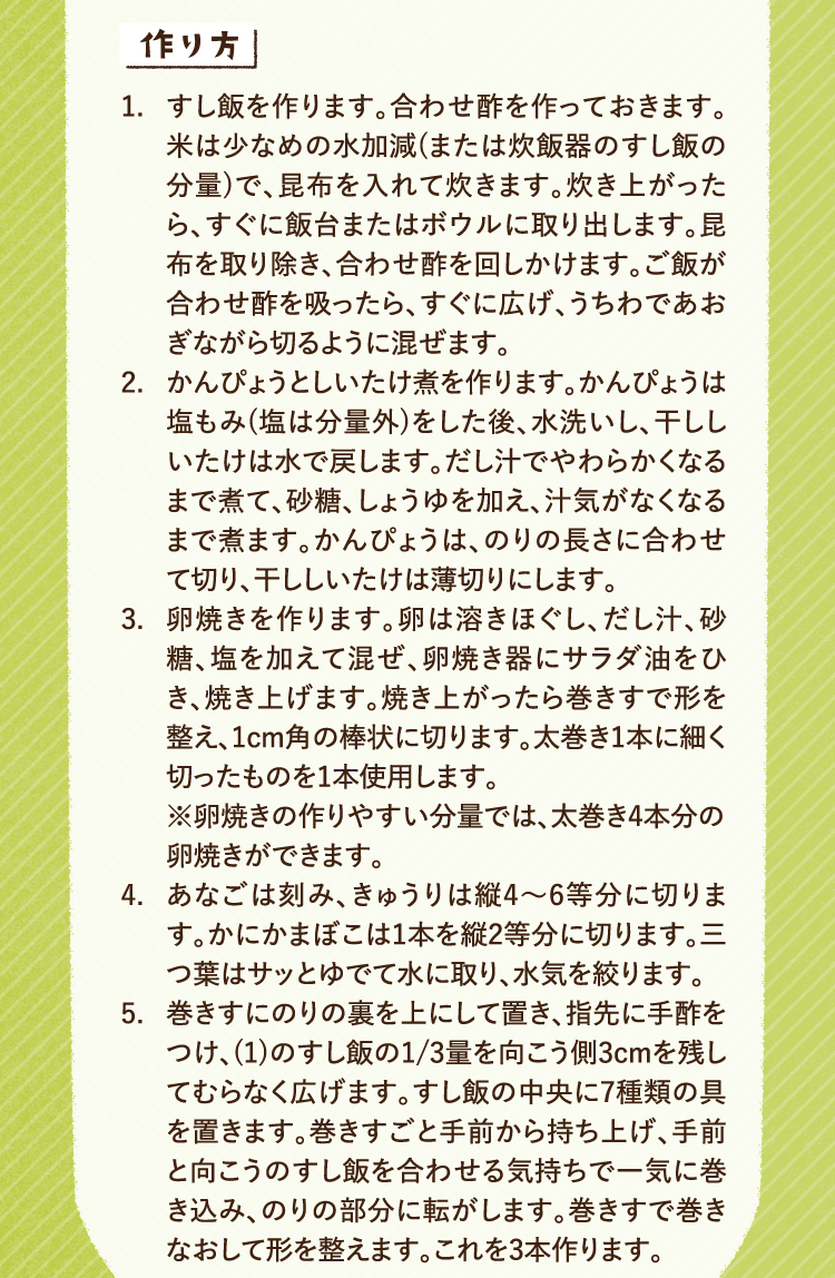 作り方 1.すし飯を作ります。合わせ酢を作っておきます。米は少なめの水加減(または炊飯器のすし飯の分量)で、昆布を入れて炊きます。炊き上がったら、すぐに飯台またはボウルに取り出します。昆布を取り除き、合わせ酢を回しかけます。ご飯が合わせ酢を吸ったら、すぐに広げ、うちわであおぎながら切るように混ぜます。2.かんぴょうとしいたけ煮を作ります。かんぴょうは塩もみ(塩は分量外)をした後、水洗いし、干ししいたけは水で戻します。だし汁でやわらかくなるまで煮て、砂糖、しょうゆを加え、汁気がなくなるまで煮ます。かんぴょうは、のりの長さに合わせて切り、干ししいたけは薄切りにします。3.卵焼きを作ります。卵は溶きほぐし、だし汁、砂糖、塩を加えて混ぜ、卵焼き器にサラダ油をひき、焼き上げます。焼き上がったら巻きすで形を整え、1cm角の棒状に切ります。太巻き1本に細く切ったものを1本使用します。※卵焼きの作りやすい分量では、太巻き4本分の卵焼きができます。4.あなごは刻み、きゅうりは縦4から6等分に切ります。かにかまぼこは1本を縦2等分に切ります。三つ葉はサッとゆでて水に取り、水気を絞ります。5.巻きすにのりの裏を上にして置き、指先に手酢をつけ、(1)のすし飯の1/3量を向こう側3cmを残してむらなく広げます。すし飯の中央に7種類の具を置きます。巻きすごと手前から持ち上げ、手前と向こうのすし飯を合わせる気持ちで一気に巻き込み、のりの部分に転がします。巻きすで巻きなおして形を整えます。これを3本作ります。