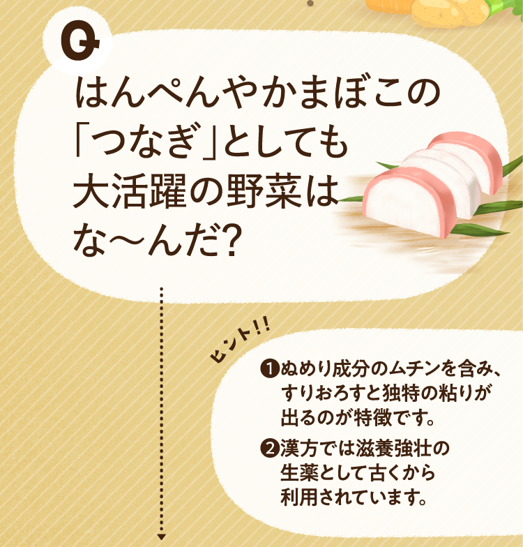 はんぺんやかまぼこの「つなぎ」としても大活躍の野菜はな～んだ？ ヒントその１ ぬめり成分のムチンを含み、すりおろすと独特の粘りが出るのが特徴です。 ヒントその２ 漢方では滋養強壮の生薬として古くから利用されています。