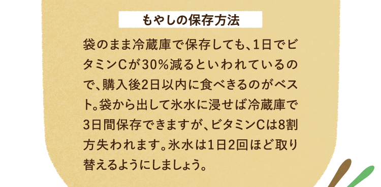 もやしの保存方法について 袋のまま冷蔵庫で保存しても、1日でビタミンCが30％減るといわれているので、購入後2日以内に食べきるのがベスト。袋から出して氷水に浸せば冷蔵庫で3日間保存できますが、ビタミンCは8割方失われます。氷水は1日2回ほど取り替えるようにしましょう。