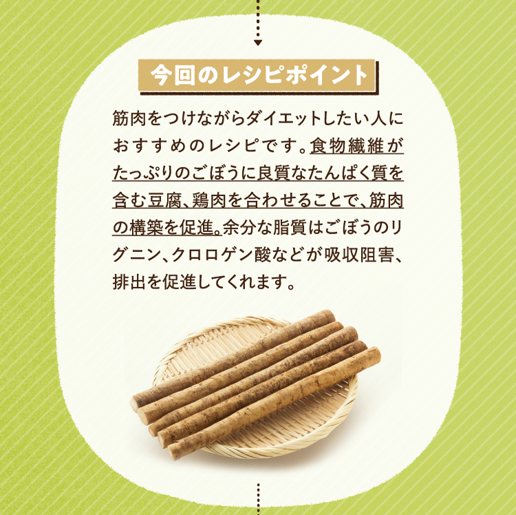 今回のレシピポイント 筋肉をつけながらダイエットしたい人におすすめのレシピです。食物繊維がたっぷりのごぼうに良質なたんぱく質を含む豆腐、鶏肉を合わせることで、筋肉の構築を促進。余分な脂質はごぼうのリグニン、クロロゲン酸などが吸収阻害、排出を促進してくれます。