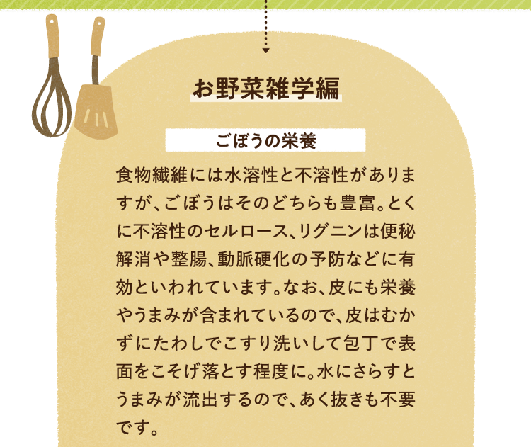 お野菜の雑学を紹介します。 ごぼうの栄養について 食物繊維には水溶性と不溶性がありますが、ごぼうはそのどちらも豊富。とくに不溶性のセルロース、リグニンは便秘解消や整腸、動脈硬化の予防などに有効といわれています。なお、皮にも栄養やうまみが含まれているので、皮はむかずにたわしでこすり洗いして包丁で表面をこそげ落とす程度に。水にさらすとうまみが流出するので、あく抜きも不要です。