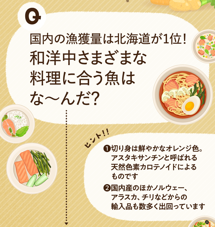 国内の漁獲量は北海道が1位！和洋中さまざまな料理に合う魚はな～んだ？ ヒントその1 切り身は鮮やかなオレンジ色。アスタキサンチンと呼ばれる天然色素カロテノイドによるものです ヒントその2 国内産のほかノルウェー、アラスカ、チリなどからの輸入品も数多く出回っています
