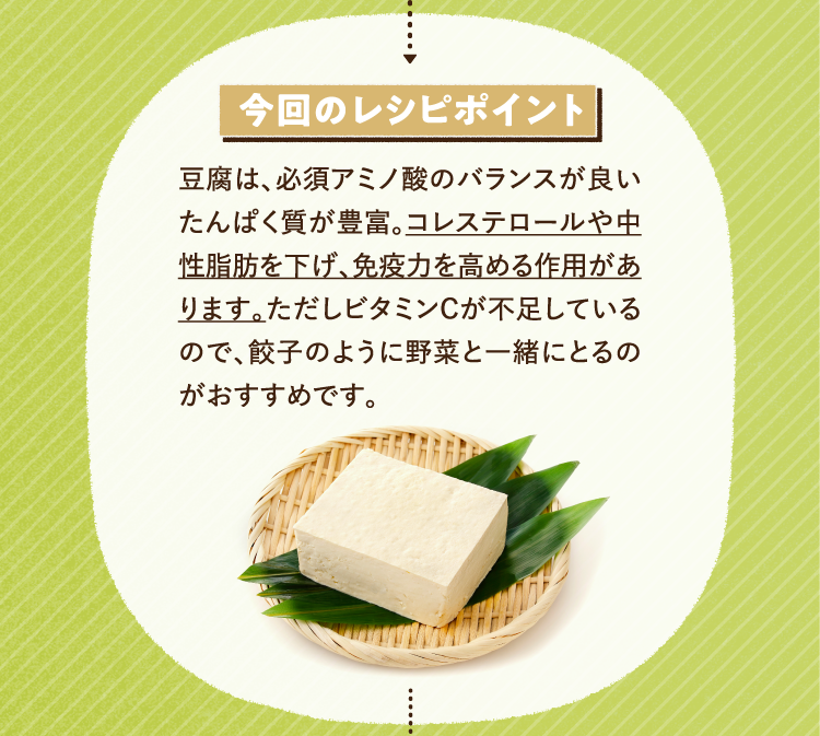 今回のレシピポイント 豆腐は、必須アミノ酸のバランスが良いたんぱく質が豊富。コレステロールや中性脂肪を下げ、免疫力を高める作用があります。ただしビタミンCが不足しているので、餃子のように野菜と一緒にとるのがおすすめです。