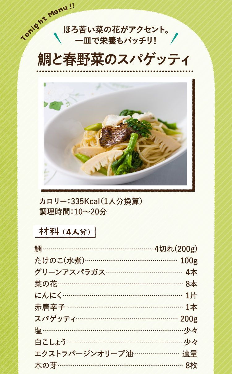 ほろ苦い菜の花がアクセント。一皿で栄養もバッチリ！鯛と春野菜のスパゲッティ 335Kcal（1人分換算） 調理時間：10～20分 材料（4人分） 鯛 4切れ(200g) たけのこ(水煮) 100g グリーンアスパラガス 4本 菜の花 8本 にんにく 1片 赤唐辛子 1本 スパゲッティ 200g 塩 少々 白こしょう 少々 エクストラバージンオリーブ油 適量 木の芽 8枚