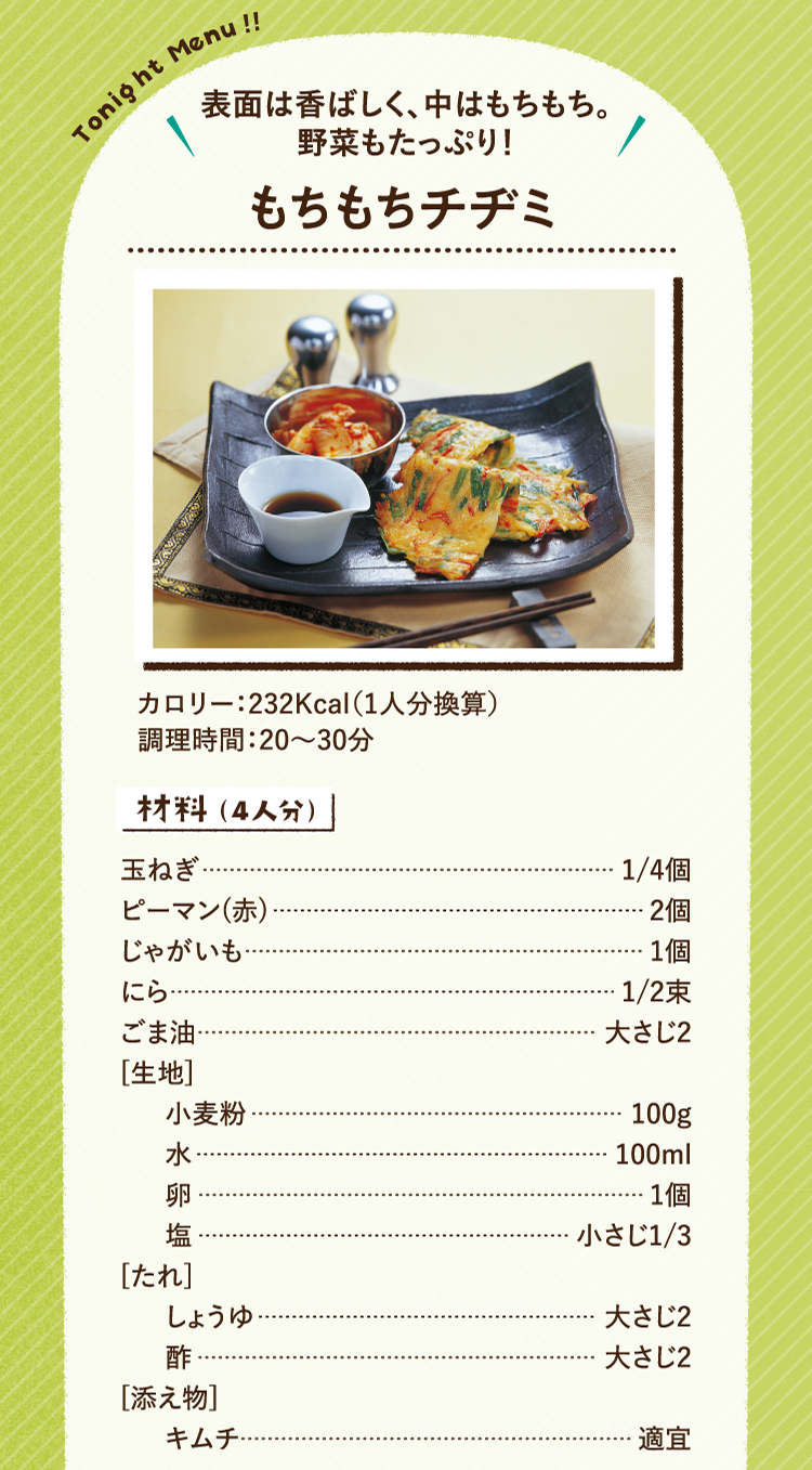 表面は香ばしく、中はもちもち。野菜もたっぷり！もちもちチヂミ 232Kcal（1人分換算） 調理時間：20～30分 材料（4人分） 玉ねぎ 1/4個 ピーマン(赤) 2個 じゃがいも 1個 にら 1/2束 ごま油 大さじ2 [生地] 小麦粉 100g 水 100ml 卵 1個 塩 小さじ1/3 [たれ] しょうゆ 大さじ2 酢 大さじ2 [添え物] キムチ 適宜