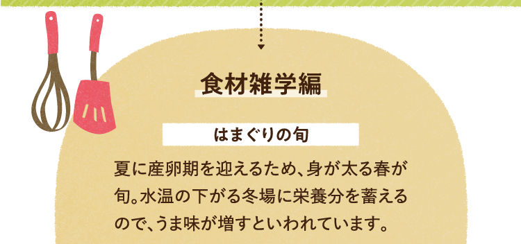 食材の雑学を紹介します。 はまぐりの旬について 夏に産卵期を迎えるため、身が太る春が旬。水温の下がる冬場に栄養分を蓄えるので、うま味が増すといわれています。
