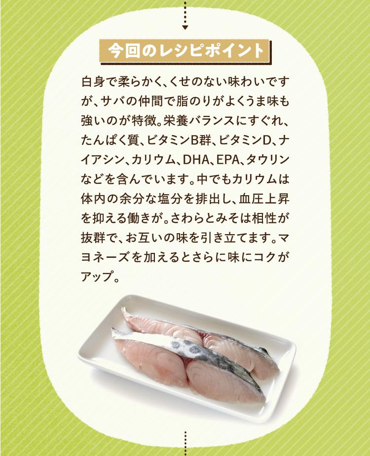 今回のレシピポイント 白身で柔らかく、くせのない味わいですが、サバの仲間で脂のりがよくうま味も強いのが特徴。栄養バランスにすぐれ、たんぱく質、ビタミンB群、ビタミンD、ナイアシン、カリウム、DHA、EPA、タウリンなどを含んでいます。中でもカリウムは体内の余分な塩分を排出し、血圧上昇を抑える働きが。さわらとみそは相性が抜群で、お互いの味を引き立てます。マヨネーズを加えるとさらに味にコクがアップ。