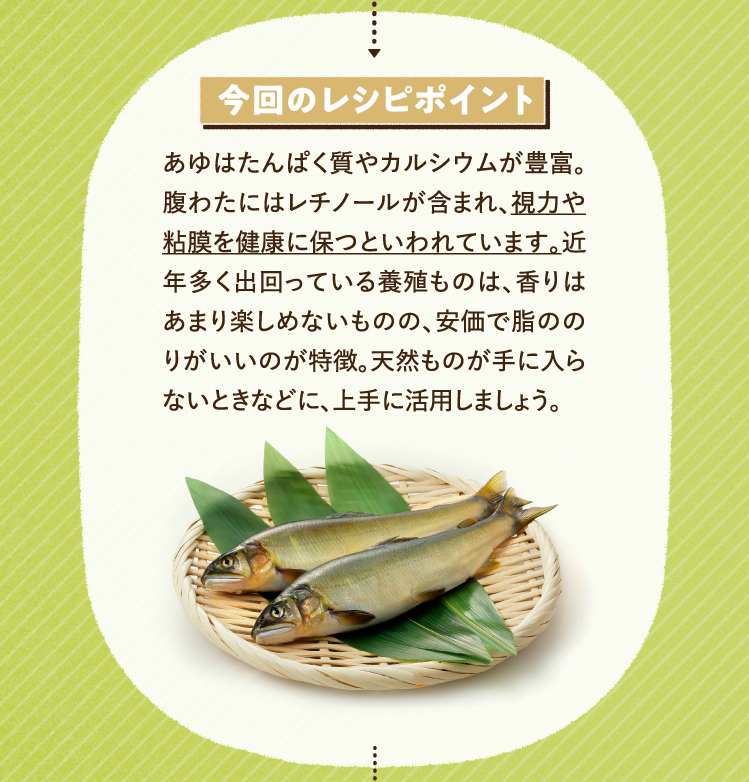 今回のレシピポイント あゆはたんぱく質やカルシウムが豊富。腹わたにはレチノールが含まれ、視力や粘膜を健康に保つといわれています。近年多く出回っている養殖ものは、香りはあまり楽しめないものの、安価で脂ののりがいいのが特徴。天然ものが手に入らないときなどに、上手に活用しましょう。