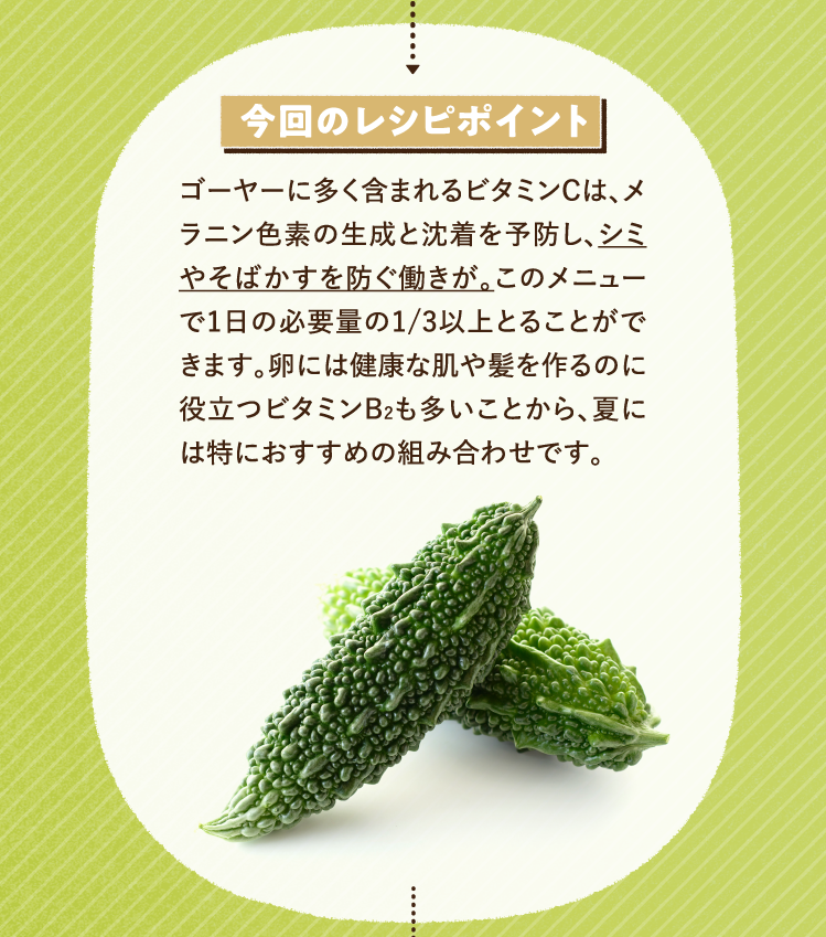 今回のレシピポイント ゴーヤーに多く含まれるビタミンCは、メラニン色素の生成と沈着を予防し、シミやそばかすを防ぐ働きが。このメニューで1日の必要量の1/3以上とることができます。卵には健康な肌や髪を作るのに役立つビタミンB2も多いことから、夏には特におすすめの組み合わせです。
