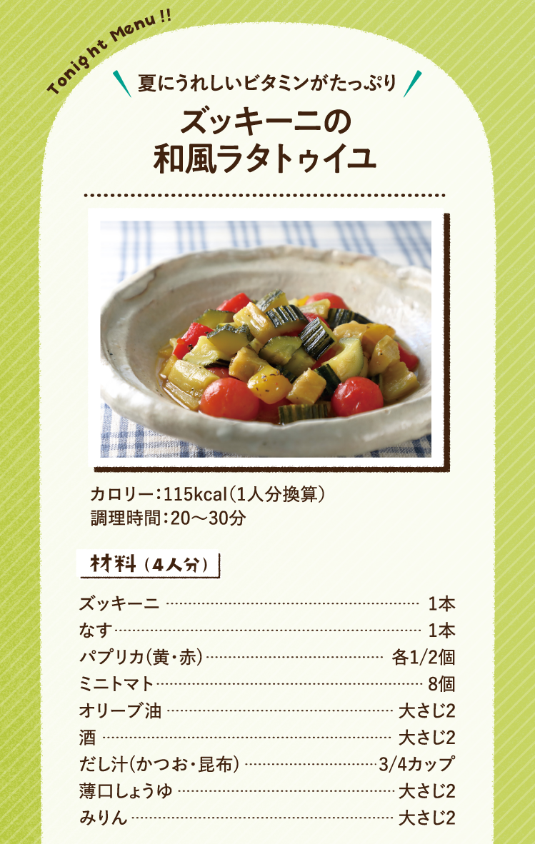 夏にうれしいビタミンがたっぷり ズッキーニの和風ラタトゥイユ 115kcal（1人分換算） 調理時間：20～30分 材料（4人分）ズッキーニ 1本 なす 1本 パプリカ(黄・赤) 各1/2個 ミニトマト 8個 オリーブ油 大さじ2 酒 大さじ2 だし汁(かつお・昆布) 3/4カップ 薄口しょうゆ 大さじ2 みりん 大さじ2