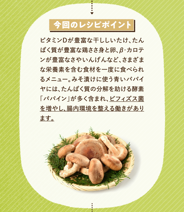 今回のレシピポイント ビタミンDが豊富な干ししいたけ、たんぱく質が豊富な鶏ささ身と卵、β‐カロテンが豊富なさやいんげんなど、さまざまな栄養素を含む食材を一度に食べられるメニュー。みそ漬けに使う青いパパイヤには、たんぱく質の分解を助ける酵素「パパイン」が多く含まれ、ビフィズス菌を増やし、腸内環境を整える働きがあります。