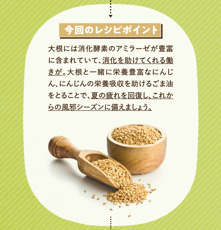 今回のレシピポイント 大根には消化酵素のアミラーゼが豊富に含まれていて、消化を助けてくれる働きが。大根と一緒に栄養豊富なにんじん、にんじんの栄養吸収を助けるごま油をとることで、夏の疲れを回復し、これからの風邪シーズンに備えましょう。