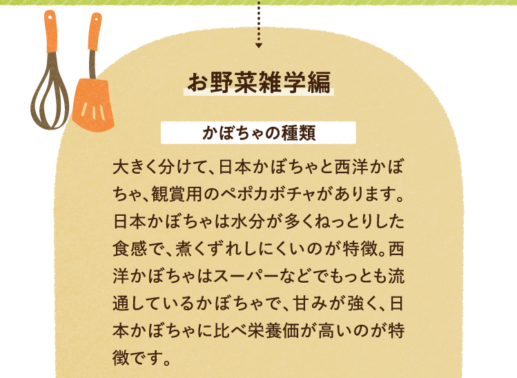 お野菜の雑学を紹介します。 かぼちゃの種類について 大きく分けて、日本かぼちゃと西洋かぼちゃ、観賞用のペポカボチャがあります。日本かぼちゃは水分が多くねっとりした食感で、煮くずれしにくいのが特徴。西洋かぼちゃはスーパーなどでもっとも流通しているかぼちゃで、甘みが強く、日本かぼちゃに比べ栄養価が高いのが特徴です。