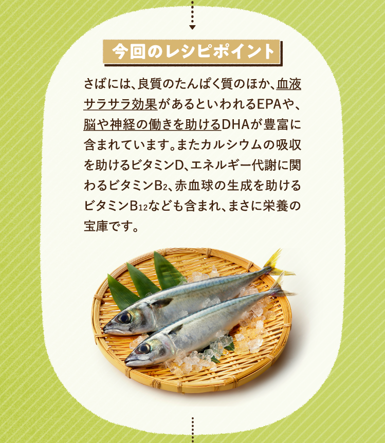 今回のレシピポイント さばには、良質のたんぱく質のほか、血液サラサラ効果があるといわれるEPAや、脳や神経の働きを助けるDHAが豊富に含まれています。またカルシウムの吸収を助けるビタミンD、エネルギー代謝に関わるビタミンB2、赤血球の生成を助けるビタミンB12なども含まれ、まさに栄養の宝庫です。
