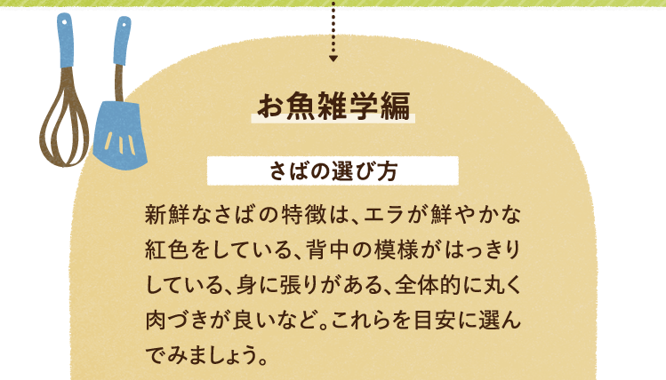 お魚の雑学を紹介します。 さばの選び方について 新鮮なさばの特徴は、エラが鮮やかな紅色をしている、背中の模様がはっきりしている、身に張りがある、全体的に丸く肉づきが良いなど。これらを目安に選んでみましょう。