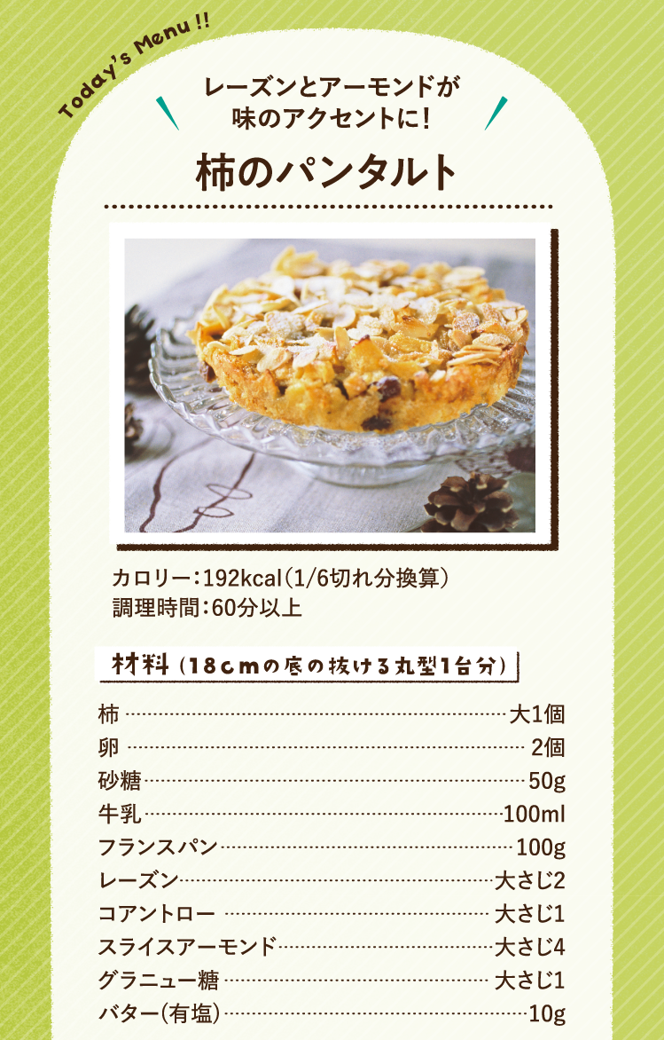レーズンとアーモンドが味のアクセントに！ 柿のパンタルト 192kcal（1/6切れ分換算） 調理時間：60分以上 材料（18cmの底の抜ける丸型1台分）柿 大1個 卵 2個 砂糖 50g 牛乳 100ml フランスパン 100g レーズン 大さじ2 コアントロー 大さじ1 スライスアーモンド 大さじ4 グラニュー糖 大さじ1 バター(有塩) 10g
