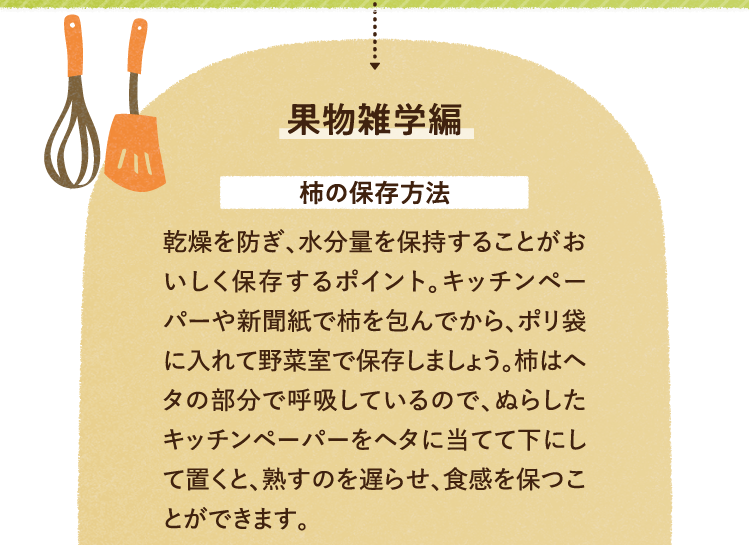 果物の雑学を紹介します。 柿の保存方法について 乾燥を防ぎ、水分量を保持することがおいしく保存するポイント。キッチンペーパーや新聞紙で柿を包んでから、ポリ袋に入れて野菜室で保存しましょう。柿はヘタの部分で呼吸しているので、ぬらしたキッチンペーパーをヘタに当てて下にして置くと、熟すのを遅らせ、食感を保つことができます。