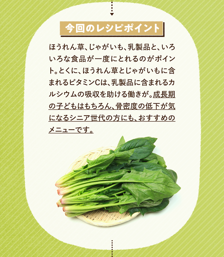 今回のレシピポイント ほうれん草、じゃがいも、乳製品と、いろいろな食品が一度にとれるのがポイント。とくに、ほうれん草とじゃがいもに含まれるビタミンCは、乳製品に含まれるカルシウムの吸収を助ける働きが。成長期の子どもはもちろん、骨密度の低下が気になるシニア世代の方にも、おすすめのメニューです。