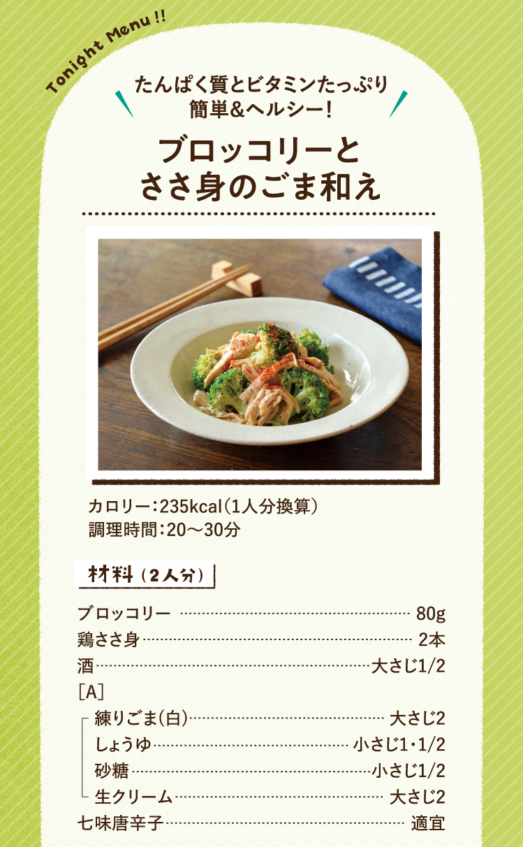たんぱく質とビタミンたっぷり簡単＆ヘルシー！ ブロッコリーとささ身のごま和え 235kcal（1人分換算） 調理時間：20～30分 材料（2人分）ブロッコリー 80g 鶏ささ身 2本 酒 大さじ1/2 ［A］練りごま(白) 大さじ2 しょうゆ 小さじ1・1/2 砂糖 小さじ1/2 生クリーム 大さじ2 七味唐辛子 適宜