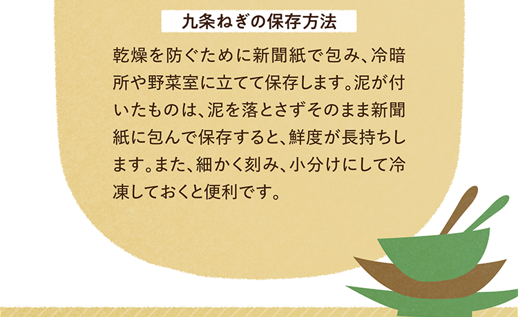 九条ねぎの保存方法 乾燥を防ぐために新聞紙で包み、冷暗所や野菜室に立てて保存します。泥が付いたものは、泥を落とさずそのまま新聞紙に包んで保存すると、鮮度が長持ちします。また、細かく刻み、小分けにして冷凍しておくと便利です。