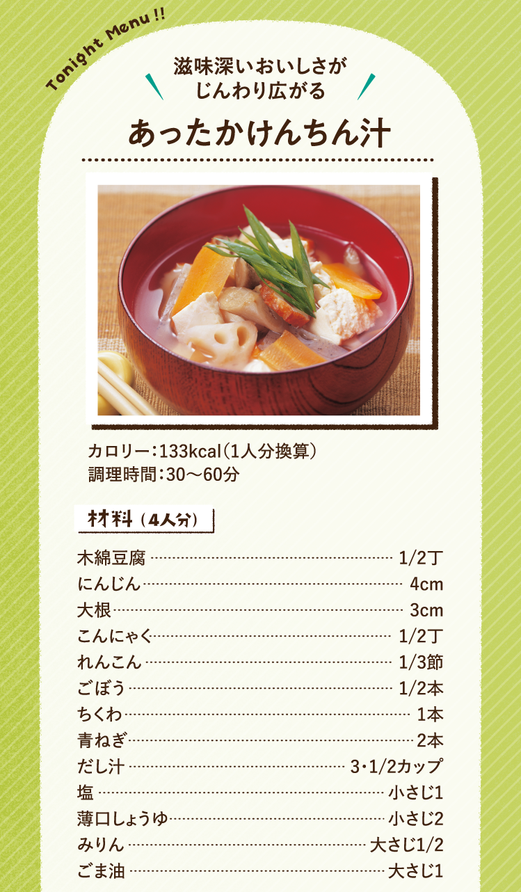 滋味深いおいしさがじんわり広がる あったかけんちん汁 133kcal（1人分換算） 調理時間：30～60分 材料（4人分）木綿豆腐 1/2丁 にんじん 4cm 大根 3cm こんにゃく 1/2丁 れんこん 1/3節 ごぼう 1/2本 ちくわ 1本 青ねぎ 2本 だし汁 3・1/2カップ 塩 小さじ1 薄口しょうゆ 小さじ2 みりん 大さじ1/2 ごま油 大さじ1