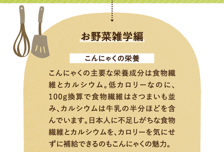 お野菜の雑学を紹介します。 こんにゃくの栄養について こんにゃくの主要な栄養成分は食物繊維とカルシウム。低カロリーなのに、100g換算で食物繊維はさつまいも並み、カルシウムは牛乳の半分ほどを含んでいます。日本人に不足しがちな食物繊維とカルシウムを、カロリーを気にせずに補給できるのもこんにゃくの魅力。