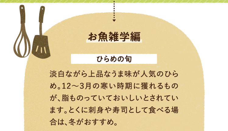 お魚の雑学を紹介します。 ひらめの旬について 淡白ながら上品なうま味が人気のひらめ。12～３月の寒い時期に獲れるものが、脂ものっていておいしいとされています。とくに刺身や寿司として食べる場合は、冬がおすすめ。
