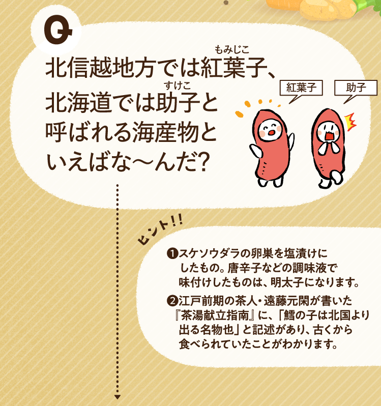 北信越地方では紅葉子、北海道では助子と呼ばれる海産物といえばな～んだ？ ヒントその1 スケソウダラの卵巣を塩漬けにしたもの。唐辛子などの調味液で味付けしたものは、明太子になります。 ヒントその2 江戸前期の茶人・遠藤元閑が書いた『茶湯献立指南』に、「鱈の子は北国より出る名物也」と記述があり、古くから食べられていたことがわかります。