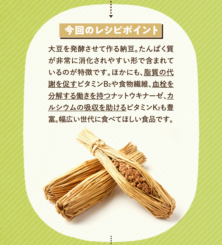 今回のレシピポイント 大豆を発酵させて作る納豆。たんぱく質が非常に消化されやすい形で含まれているのが特徴です。ほかにも、脂質の代謝を促すビタミンB2や食物繊維、血栓を分解する働きを持つナットウキナーゼ、カルシウムの吸収を助けるビタミンK2も豊富。幅広い世代に食べてほしい食品です。