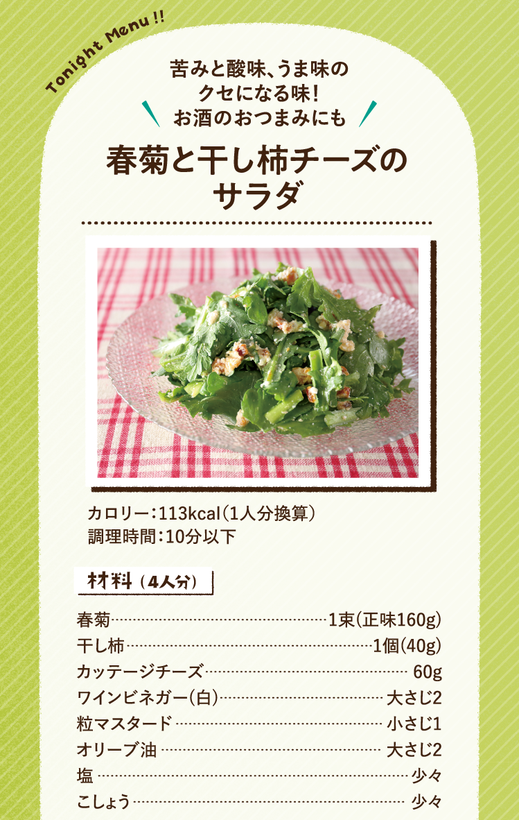 苦みと酸味、うま味のクセになる味！お酒のおつまみにも 春菊と干し柿チーズのサラダ 113kcal（1人分換算） 調理時間：10分以下 材料（4人分）春菊 1束(正味160g) 干し柿 1個(40g) カッテージチーズ 60g ワインビネガー(白) 大さじ2 粒マスタード 小さじ1 オリーブ油 大さじ2 塩 少々 こしょう 少々