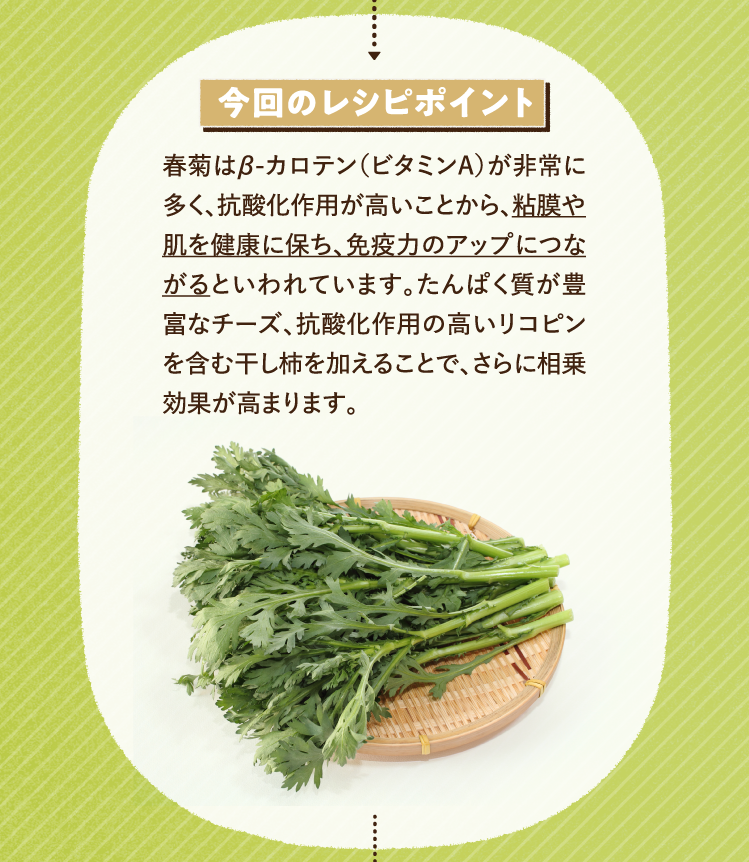 今回のレシピポイント 春菊はβ-カロテン（ビタミンA）が非常に多く、抗酸化作用が高いことから、粘膜や肌を健康に保ち、免疫力のアップにつながるといわれています。たんぱく質が豊富なチーズ、抗酸化作用の高いリコピンを含む干し柿を加えることで、さらに相乗効果が高まります。