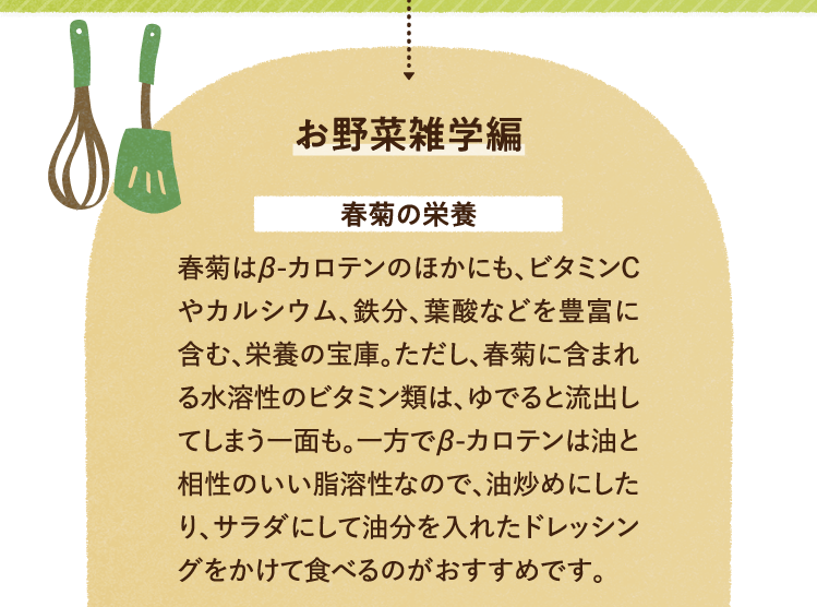 お野菜雑学を紹介します。 春菊の栄養について 春菊はβ-カロテンのほかにも、ビタミンCやカルシウム、鉄分、葉酸などを豊富に含む、栄養の宝庫。ただし、春菊に含まれる水溶性のビタミン類は、ゆでると流出してしまう一面も。一方でβ-カロテンは油と相性のいい脂溶性なので、油炒めにしたり、サラダにして油分を入れたドレッシングをかけて食べるのがおすすめです。