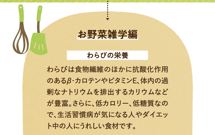 お野菜雑学を紹介します。 わらびの栄養について わらびは食物繊維のほかに抗酸化作用のあるβ‐カロテンやビタミンE、体内の過剰なナトリウムを排出するカリウムなどが豊富。さらに、低カロリー、低糖質なので、生活習慣病が気になる人やダイエット中の人にうれしい食材です。