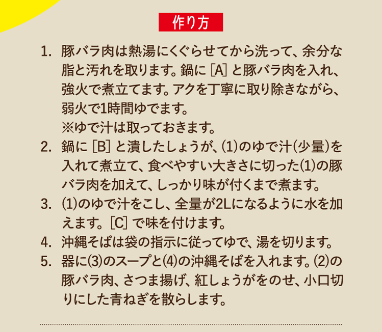 作り方 豚バラ肉は熱湯にくぐらせてから洗って、余分な脂と汚れを取ります。鍋に［A］と豚バラ肉を入れ、強火で煮立てます。アクを丁寧に取り除きながら、弱火で1時間ゆでます。※ゆで汁は取っておきます。 2.鍋に[B]と潰したしょうが、(1)のゆで汁(少量)を入れて煮立て、食べやすい大きさに切った(1)の豚バラを加えて、しっかり味が付くまで煮ます。3.(1)のゆで汁をこし、全量が2Lになるように水を加えます。[C]で味を付けます。4. 沖縄そばは袋の指示に従ってゆで、湯を切ります。 5.器に(3)のスープと(4)の沖縄そばを入れます。(2)の豚バラ肉、さつま揚げ、紅しょうがをのせ、小口切りにした青ねぎを散らします。