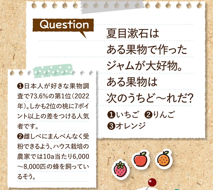 夏目漱石はある果物で作ったジャムが大好物。ある果物は次のうちど～れだ？①いちご ②りんご ③オレンジ ヒントその1 日本人が好きな果物調査で73.6％の第1位（2022年）。しかも2位の桃に7ポイント以上の差をつける人気者です。 ヒントその2 雌しべにまんべんなく受粉できるよう、ハウス栽培の農家では10a当たり6,000～8,000匹の蜂を飼っているそう。
