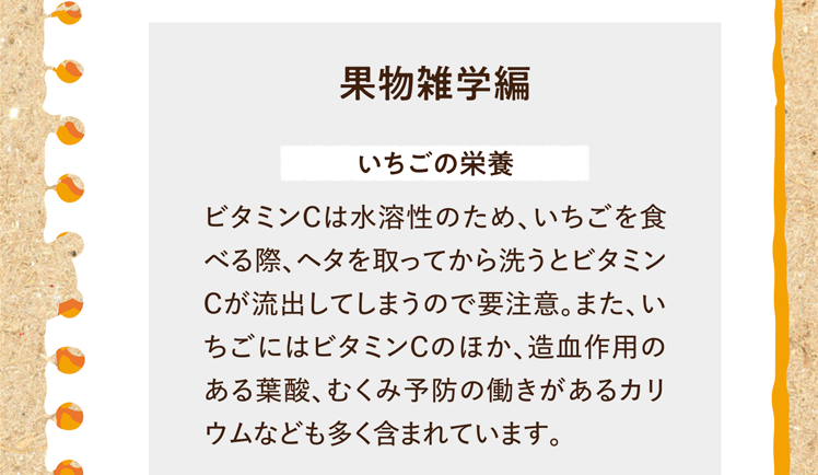 果物雑学を紹介します。 いちごの栄養について ビタミンCは水溶性のため、いちごを食べる際、ヘタを取ってから洗うとビタミンCが流出してしまうので要注意。また、いちごにはビタミンCのほか、造血作用のある葉酸、むくみ予防の働きがあるカリウムなども多く含まれています。