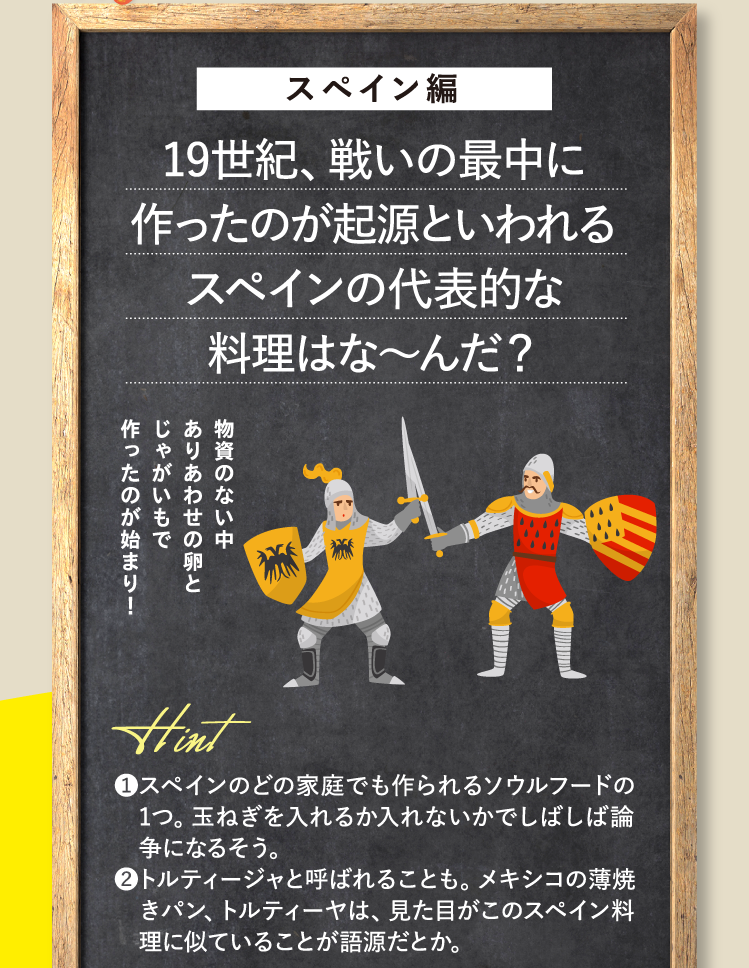 スペイン編 19世紀、戦いの最中に作ったのが起源といわれるスペインの代表的な料理はな～んだ？ 物資のない中ありあわせの卵とじゃがいもで作ったのが始まり！ ①スペインのどの家庭でも作られるソウルフードの1つ。玉ねぎを入れるか入れないかでしばしば論争になるそう。②トルティージャと呼ばれることも。メキシコの薄焼きパン、トルティーヤは、見た目がこのスペイン料理に似ていることが語源だとか。