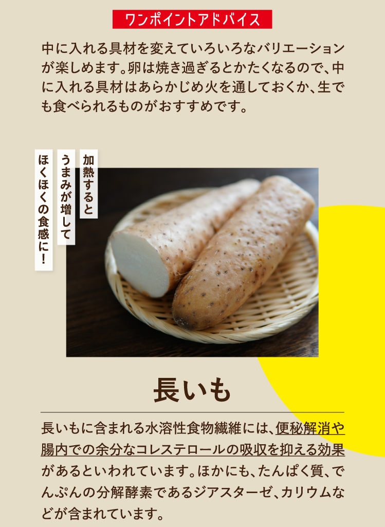 ワンポイントアドバイス 中に入れる具材を変えていろいろなバリエーションが楽しめます。卵は焼き過ぎるとかたくなるので、中に入れる具材はあらかじめ火を通しておくか、生でも食べられるものがおすすめです。加熱するとうまみが増してほくほくの食感に！長いも 長いもに含まれる水溶性食物繊維には、便秘解消や腸内での余分なコレステロールの吸収を抑える効果があるといわれています。ほかにも、たんぱく質、でんぷんの分解酵素であるジアスターゼ、カリウムなどが含まれています。