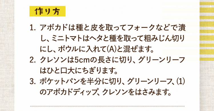 作り方 アボカドは種と皮を取ってフォークなどで潰し、ミニトマトはヘタと種を取って粗みじん切りにし、ボウルに入れて(A)と混ぜます。クレソンは5cmの長さに切り、グリーンリーフはひと口大にちぎります。ポケットパンを半分に切り、グリーンリーフ、(1)のアボカドディップ、クレソンをはさみます。