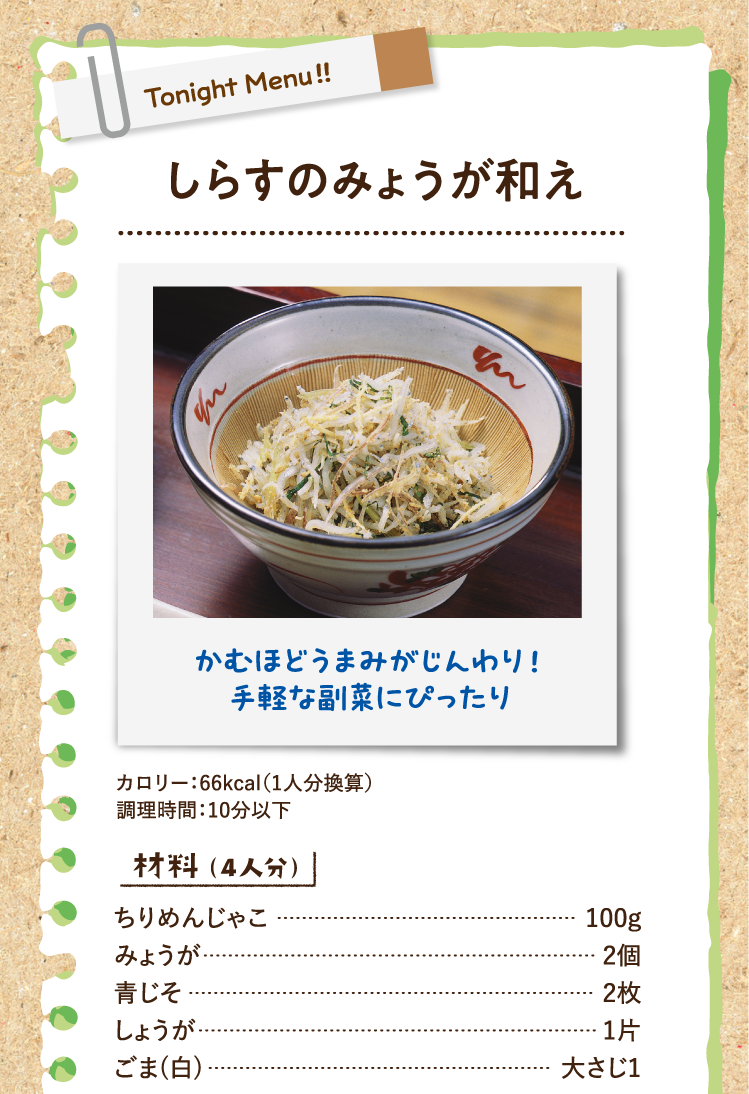 Tonight Menu！！ しらすのみょうが和え かむほどうまみがじんわり！手軽な副菜にぴったり カロリー：66kcal（1人分換算） 調理時間：10分以下 材料（4人分）ちりめんじゃこ 100g みょうが 2個 青じそ 2枚 しょうが 1片 ごま(白) 大さじ1