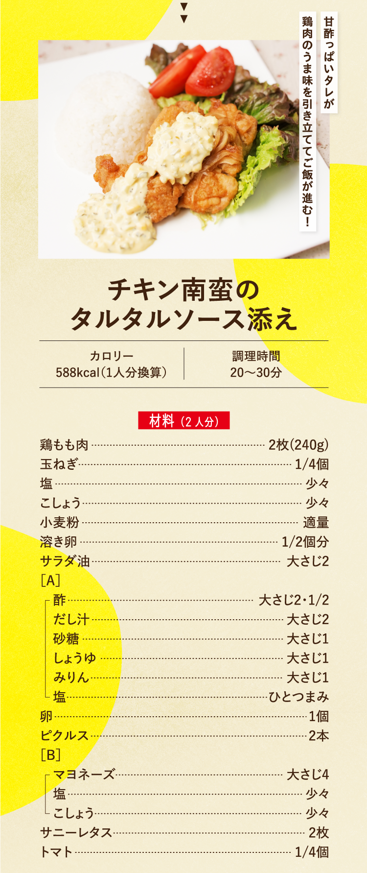 甘酢っぱいタレが鶏肉のうま味を引き立ててご飯が進む！ チキン南蛮のタルタルソース添え カロリー588kcal（1人分換算） 調理時間20〜30分 材料（2人分） 鶏もも肉 2枚(240g) 玉ねぎ 1/4個 塩 少々 こしょう 少々 小麦粉 適量 溶き卵 1/2個分 サラダ油 大さじ2 ［A］ 酢 大さじ2・1/2 だし汁 大さじ2 砂糖 大さじ1 しょうゆ 大さじ1 みりん 大さじ1 塩 ひとつまみ 卵 1個 ピクルス 2本 ［B］ マヨネーズ 大さじ4 塩 少々 こしょう 少々 サニーレタス 2枚 トマト 1/4個