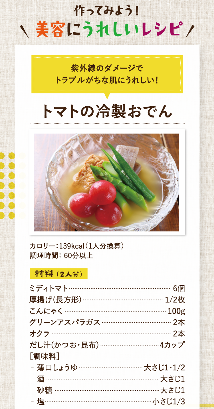 作ってみよう！美容にうれしいレシピ 紫外線のダメージでトラブルがちな肌にうれしい！ トマトの冷製おでん カロリー：139kcal（1人分換算）調理時間： 60分以上 材料（2人分） ミディトマト 6個 厚揚げ(長方形) 1/2枚 こんにゃく 100g グリーンアスパラガス 2本 オクラ 2本 だし汁(かつお・昆布) 4カップ ［調味料］ 薄口しょうゆ 大さじ1・1/2 酒 大さじ1 砂糖 大さじ1 塩 小さじ1/3