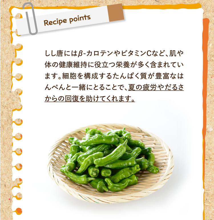 レシピポイント しし唐にはβ-カロテンやビタミンCなど、肌や体の健康維持に役立つ栄養が多く含まれています。細胞を構成するたんぱく質が豊富なはんぺんと一緒にとることで、夏の疲労やだるさからの回復を助けてくれます。