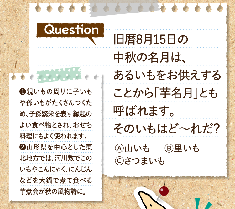 旧暦8月15日の中秋の名月は、あるいもをお供えすることから「芋名月」とも呼ばれます。そのいもはど～れだ？ Ⓐ山いも Ⓑ里いも Ⓒさつまいも ❶親いもの周りに子いもや孫いもがたくさんつくため、子孫繁栄を表す縁起のよい食べ物とされ、おせち料理にもよく使われます。 ❷山形県を中心とした東北地方では、河川敷でこのいもやこんにゃく、にんじんなどを大鍋で煮て食べる芋煮会が秋の風物詩に。