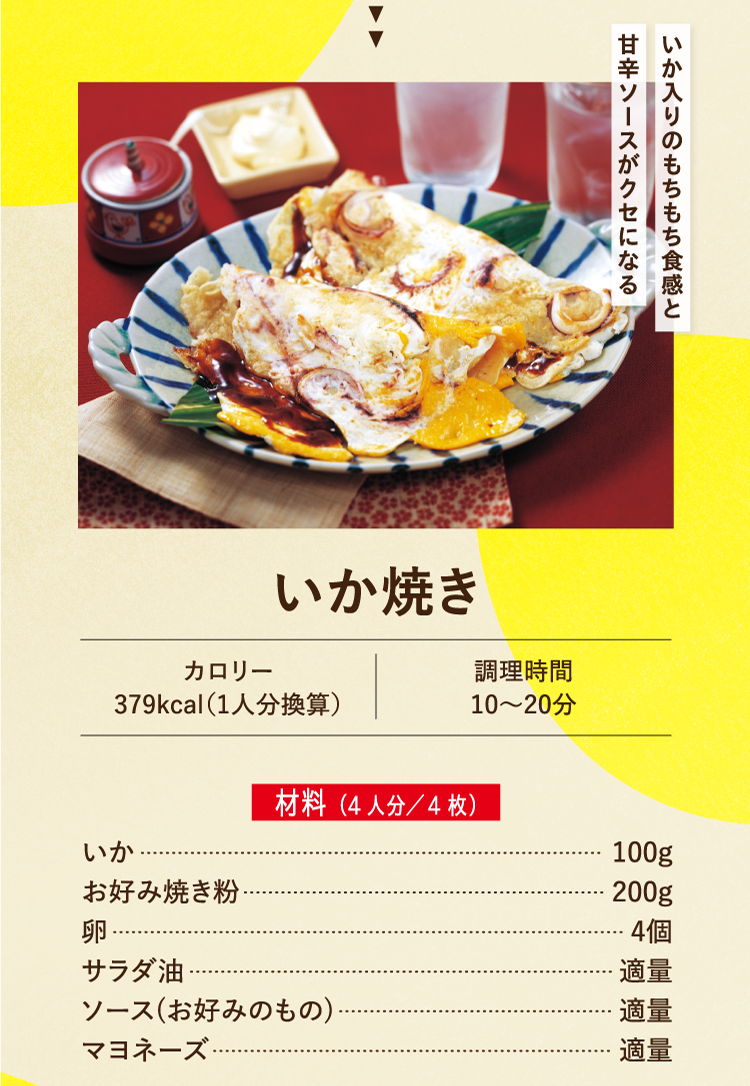 いか入りのもちもち食感と甘辛ソースがクセになる いか焼き カロリー379kcal（1人分換算） 調理時間10〜20分 材料（4人分／4枚） いか 100g お好み焼き粉 200g 卵 4個 サラダ油 適量 ソース(お好みのもの) 適量 マヨネーズ 適量