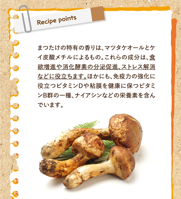レシピポイント まつたけの特有の香りは、マツタケオールとケイ皮酸メチルによるもの。これらの成分は、食欲増進や消化酵素の分泌促進、ストレス解消などに役立ちます。ほかにも、免疫力の強化に役立つビタミンDや粘膜を健康に保つビタミンB群の一種、ナイアシンなどの栄養素を含んでいます。