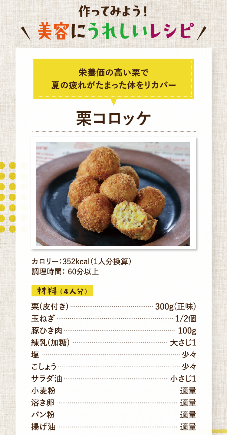 作ってみよう！美容にうれしいレシピ 栄養価の高い栗で夏の疲れがたまった体をリカバー 栗コロッケ カロリー：352kcal（1人分換算） 調理時間： 60分以上 材料（4人分） 栗(皮付き) 300g(正味) 玉ねぎ 1/2個 豚ひき肉 100g 練乳(加糖) 大さじ1 塩 少々 こしょう 少々 サラダ油 小さじ1 小麦粉 適量 溶き卵 適量 パン粉 適量 揚げ油 適量