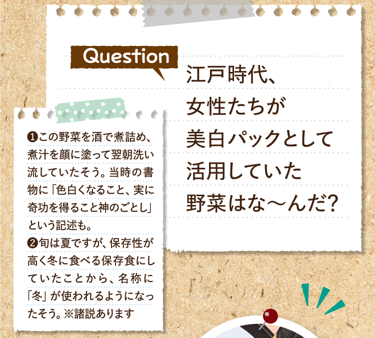 江戸時代、女性たちが美白パックとして活用していた野菜はな～んだ？ ❶この野菜を酒で煮詰め、煮汁を顔に塗って翌朝洗い流していたそう。当時の書物に「色白くなること、実に奇功を得ること神のごとし」という記述も。 ❷旬は夏ですが、保存性が高く冬に食べる保存食にしていたことから、名称に「冬」が使われるようになったそう。※諸説あります