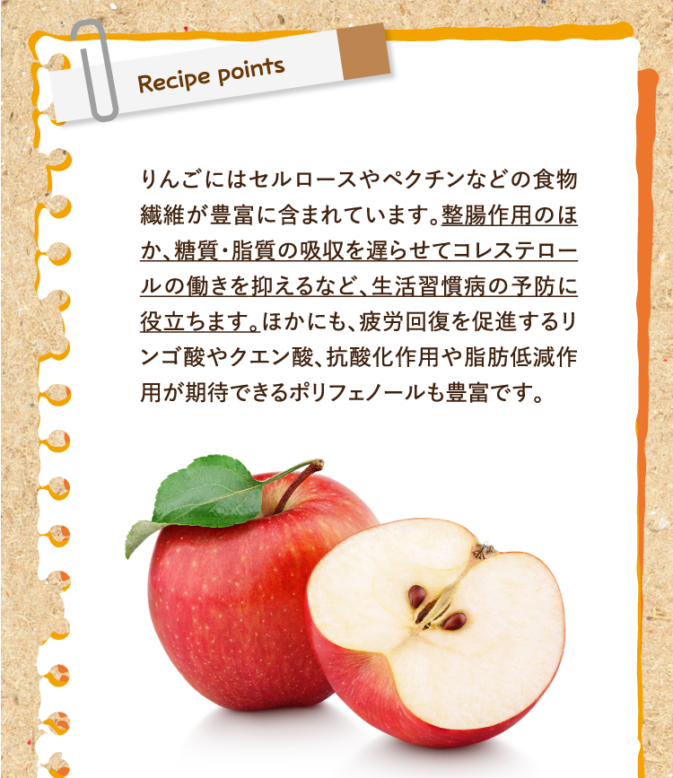 レシピポイント りんごにはセルロースやペクチンなどの食物繊維が豊富に含まれています。整腸作用のほか、糖質・脂質の吸収を遅らせてコレステロールの働きを抑えるなど、生活習慣病の予防に役立ちます。ほかにも、疲労回復を促進するリンゴ酸やクエン酸、抗酸化作用や脂肪低減作用が期待できるポリフェノールも豊富です。